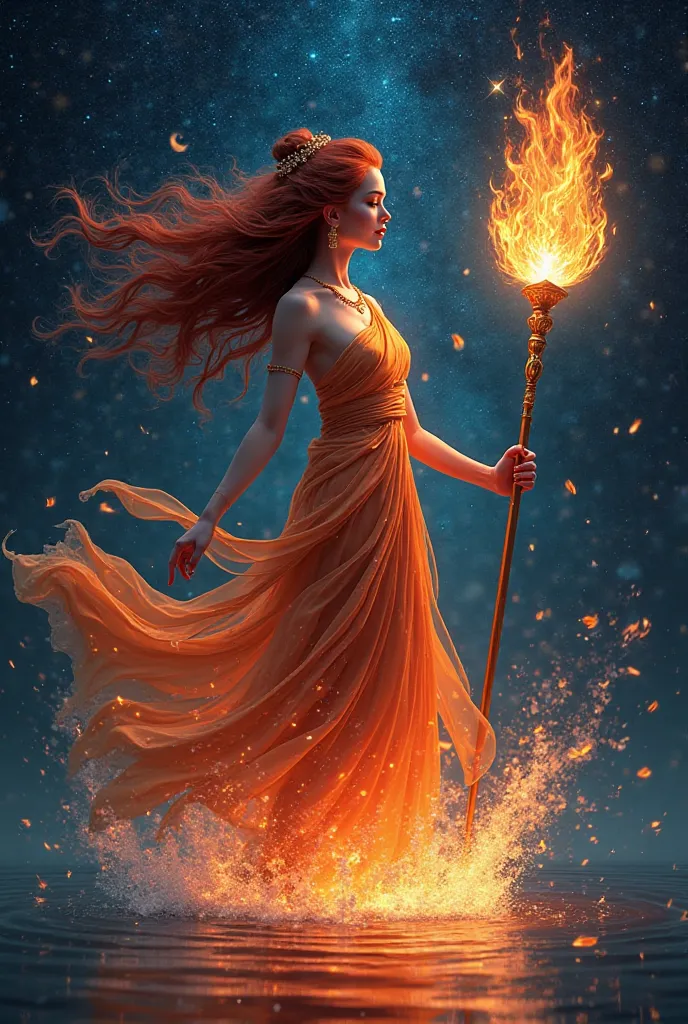 In this mesmerizing film footage, a surreal black canvas is dotted with ethereal shadows of fire as a stunning beauty with flowing red hair and gorgeous clothes whirls in a sea of colorful flames. Against the backdrop of the star-studded Milky Way, ripples...