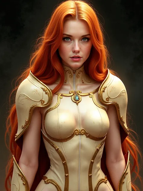 a very cute irish redhead wearing intricate ivory armor on her chest and hips, calcinha pata de camelo,fashion catalogue, High detail, 8k, medium shot to the waist, Centered, Golden ratio, light reflections and glare, dark abstract background, Art by Stanl...