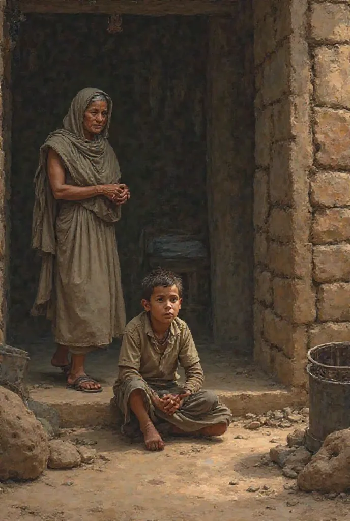 Youngest Son Left Behind – The youngest son, looking weak but thoughtful, sitting inside the mud house, watching his mother move around, thinking deeply.