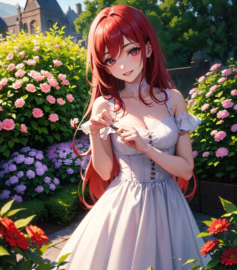 　 red hair 　 vampire red eyes　solo　Mini Wedding Dress　Flower Garden　cute　Mysterious　is smiling