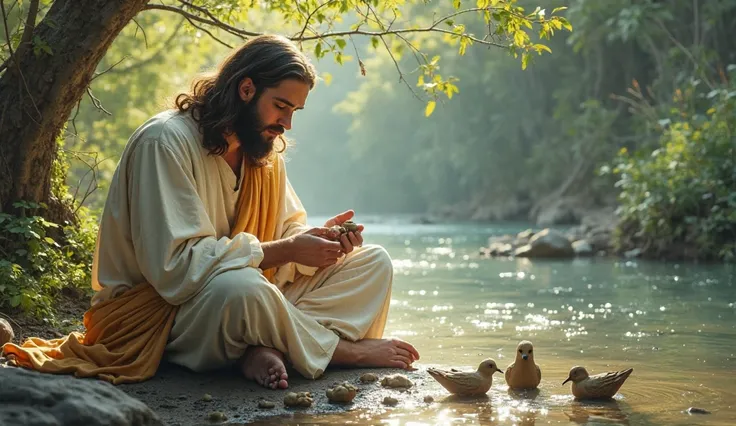 Jesus   at the edge of the stream making little clay birds