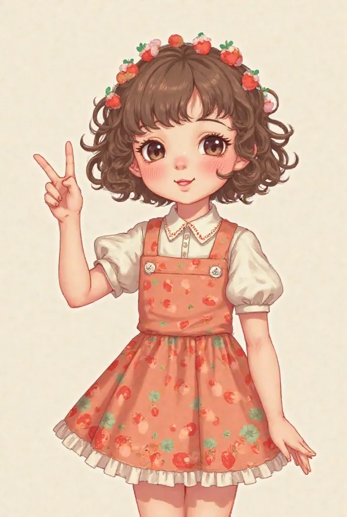 Drawing of a white girl doll, with short curly hair, wearing a standing strawberry dress making the number 2 with her hand 