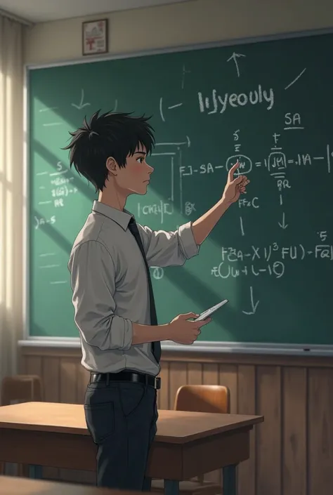 34-year-old male physics teacher tall dark haired, white skin, 1,79 tall physical marked, created in an anime way in front of a blackboard in a school classroom explaining universal gravity with its formula written by very short hair round style