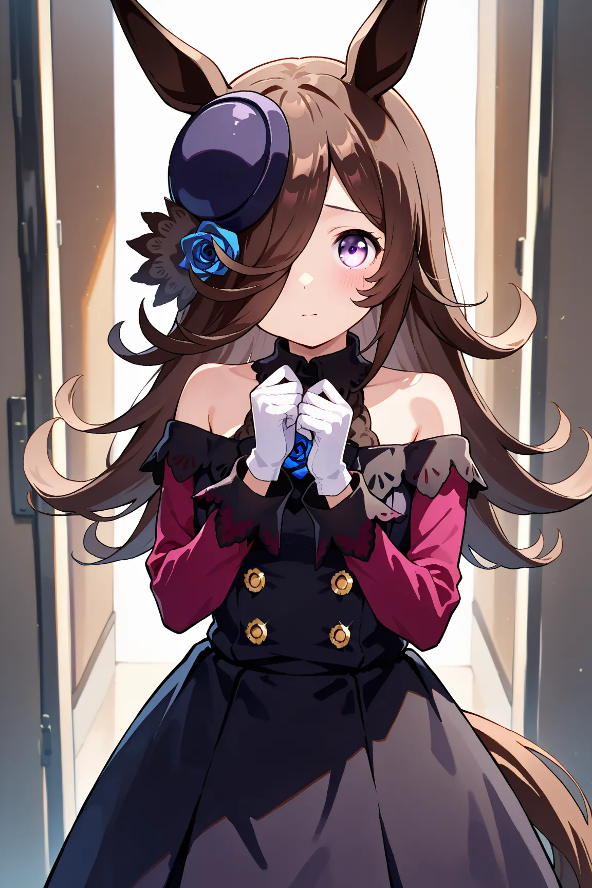 girl, rice shower (Uma Musume), horse ears, animal ears, her hair is down until she covers her eyes, horse Tail, horse girl , Tail, length、 R4CE,off shoulder,black dress,striped dress,long sleeves,white gloves