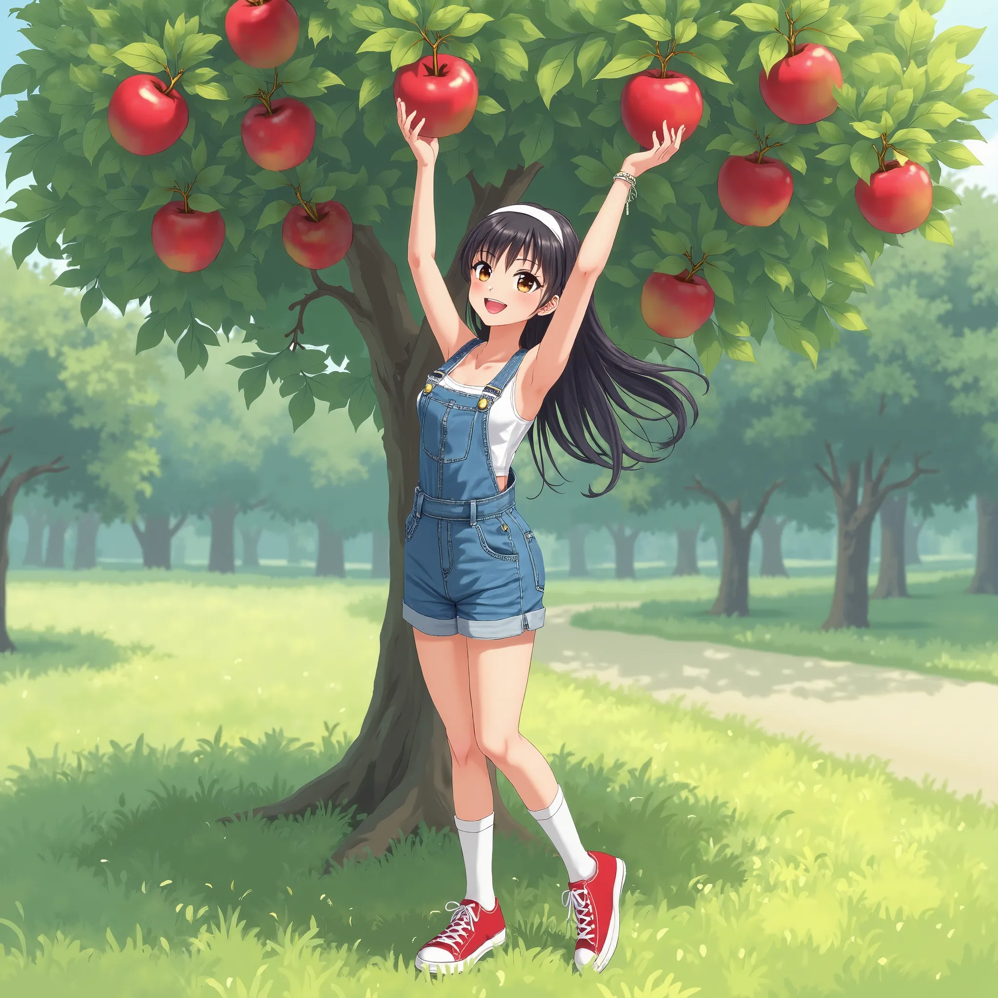 anime woman, black hair, brown eyes, White tank top, overalls, white hairband, at the park, reaching for apples on tree, raising arms, exposed armpits, from left side, hands above head, exposed armpits, hair behind shoulders, red sneakers 