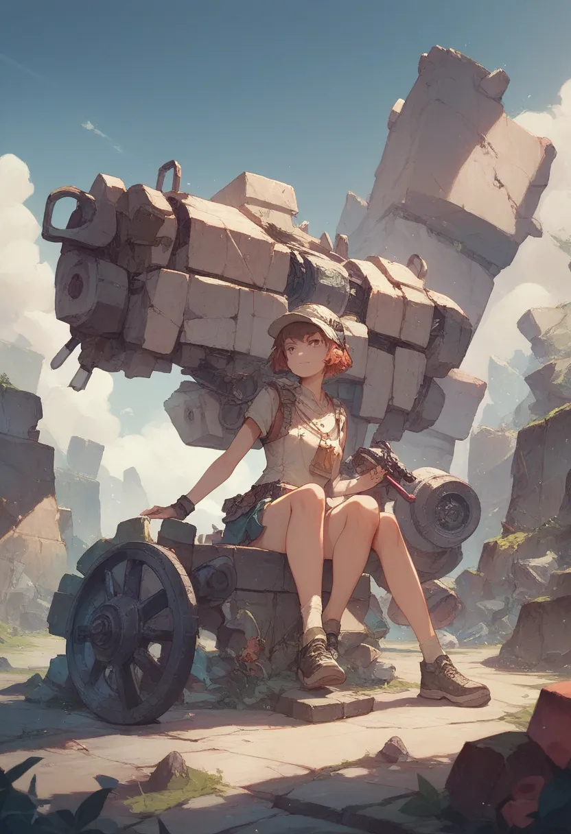 A golem who wheels around made of stone, no legs, golem, with a single wheel, anime