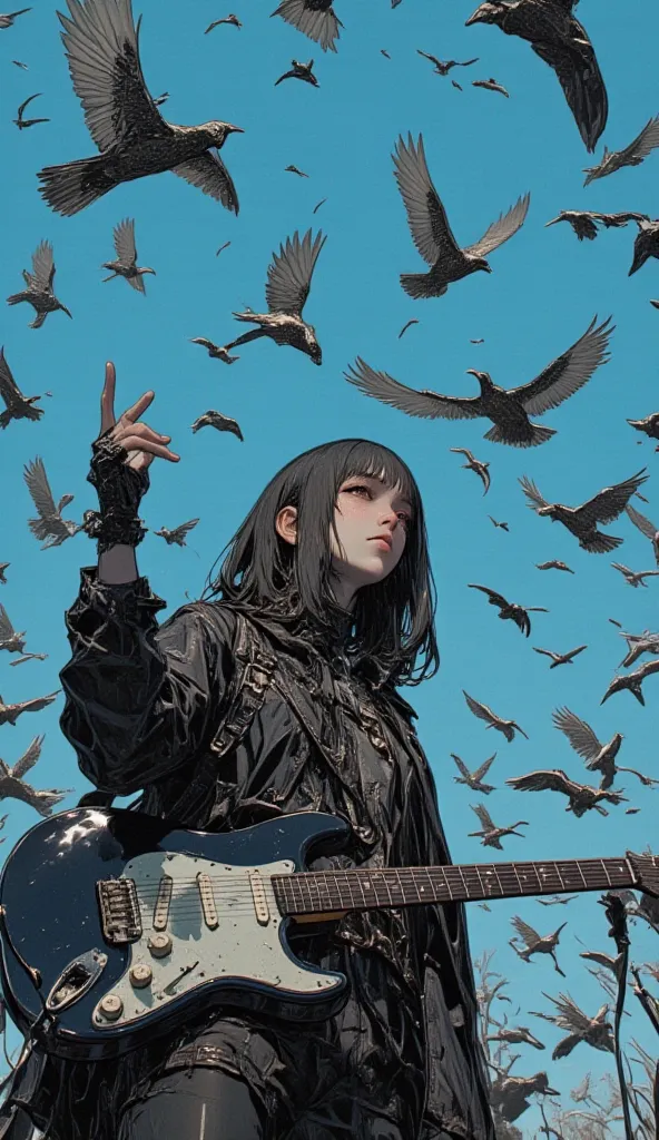 Picture of a high school girl holding a guitar in front of many birds, inspired  by Thomas Hanukkah ,  Bob Larkin and Thomas Hanukkah , Heavy metal comic style , very detailed,  by Thomas Hanukkah , Inspired by Tim Doyle,  by Jake Parker ,  then Martin ,  ...