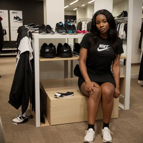 beautiful ebony woman working as an employee in a nike shoe store