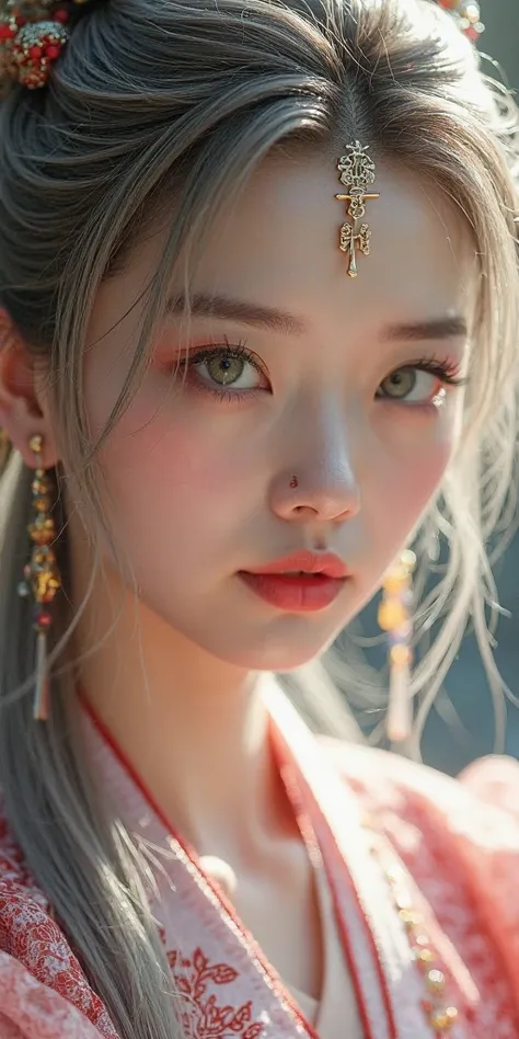 Uhd, half body photograpphy, face and body facing front, Most beautiful xianxia female protagonist,light brown dominant and silver strand long hair , green jade eyes,use majestic garmen with red mate fillamen,silver pink pattern clothes,face detailed,lips ...