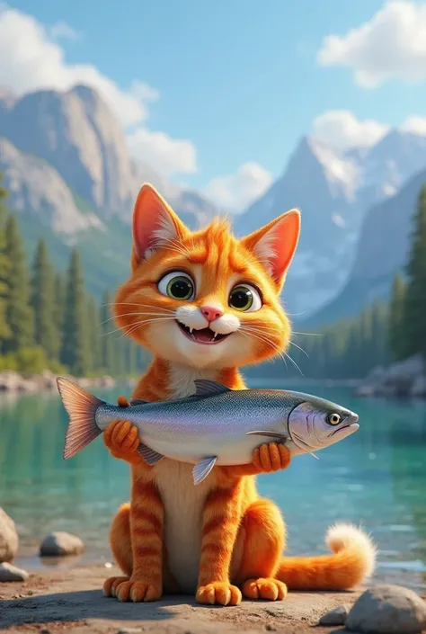 In 3d pixar Animation 
Character, an orange tabby cat sitting at the river bank. Expression smiling 
Action, the cat holding a medium size salmon fish 
Background, huge lake with trees and mountains view 