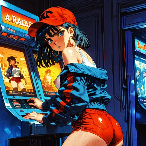 A stylish woman with long black hair, wearing a red cap, hoop earrings, short red shorts with 2 side stripes, nice butt,  leg nails, a short white top with medium size breasts and an oversized blue jacket. lit nipples. Glowing skin with oil. She is standin...