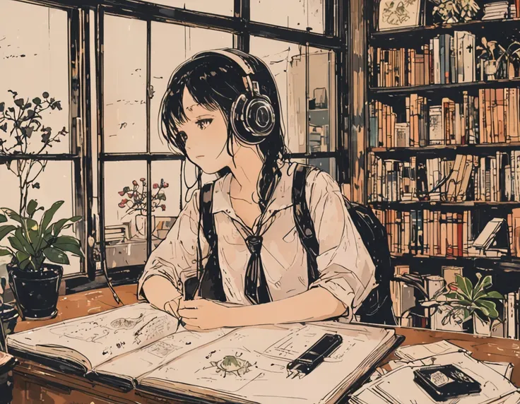 Sketch, Ink painting, Beautiful schoolgirl, Headphones, 
Girl studying, Night scene, Window, Desk, Bookshelf, Houseplants,.