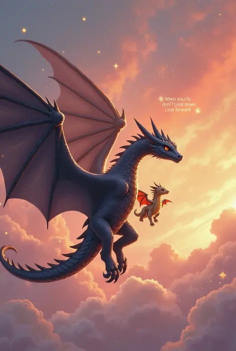 "Uma pintura digital em estilo aquarela mostrando Tairn and Andarna voando alto e distantes no céu. Tairn, a majestic black dragon, and Andarna, a small shiny golden dragon, fly together with elegance. The background displays a vibrant sky in shades of pin...