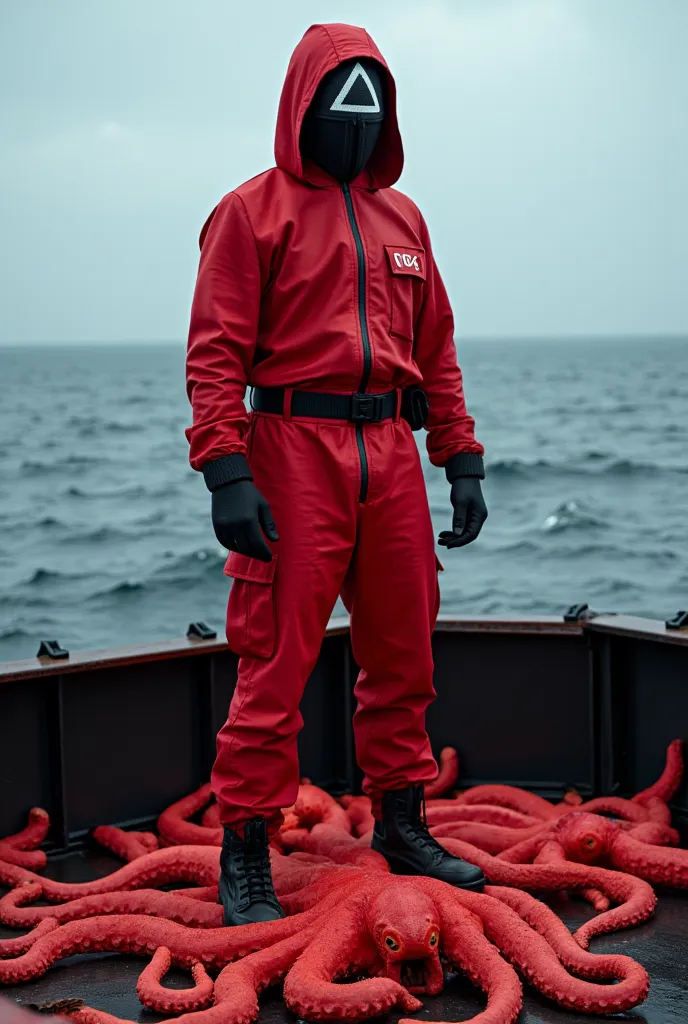 A  Squid game guard dressed in a red hooded jumpsuit, black gloves, and a tactical belt. The guard wears a sleek black mask with a white geometric symbol (triangle) covering the face  on a fishing ship in the middle of the ocean, he caught red octopus with...