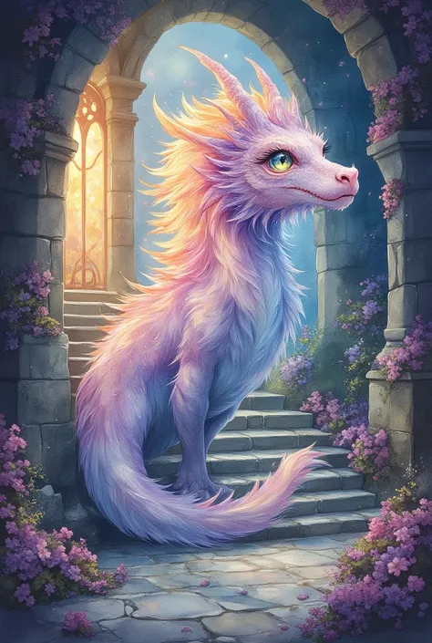 A whimsical [dragon] with a flowing mane in [magenta-yellow] and [blue] that glows softly. The scene is designed like a nostalgic ren's book and is set against a background that complements the world of the [stone staircase in an old castle dungeon].