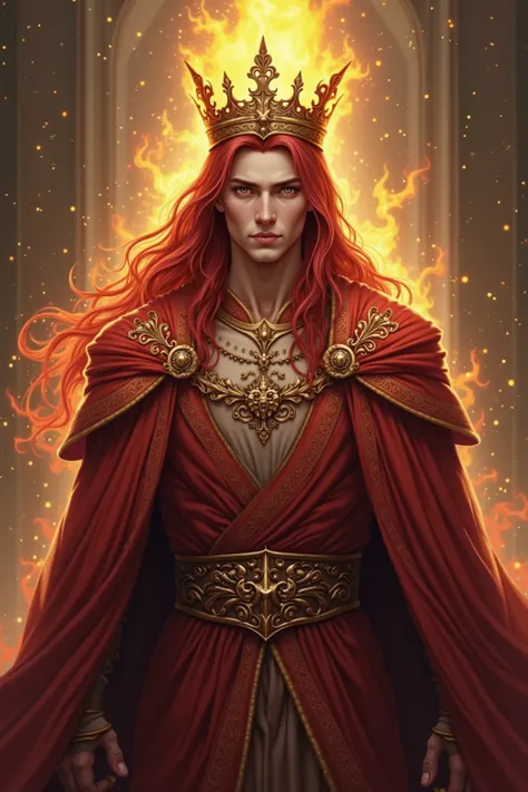 Young man with long red hair dressed like a king in red and a golden crown with flames