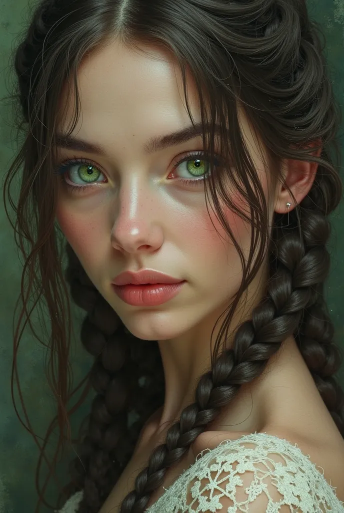 draw me a woman with green eyes with very beautiful hair braided on both sides