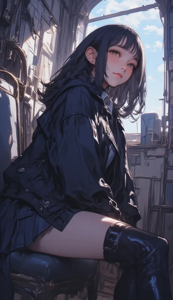 Close up of a schoolgirl wearing a jacket and boots, Rossdraws comics、Vivid, art in the style of guweiz, Lostland Style, Ross Tran ,  by Russell Dongjun Lou , inspired  by Russell Dongjun Lou ,  Ross Tran of a woman sitting on a chair in her room , Rossoun...