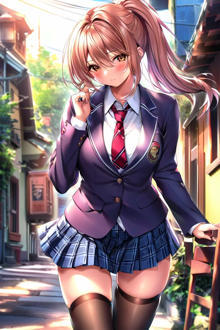 (TOP QUALITY:1.2,  Anime Artwork ,  anime style,   studio animation , very well detailed,  latest,  vibrant, anime coloring, high contrast,  masterpiece:1.2, TOP QUALITY,  BEST AESTHETICS),  blue plaid pleated skirt when you take off your bra :1.5, RED TIE...