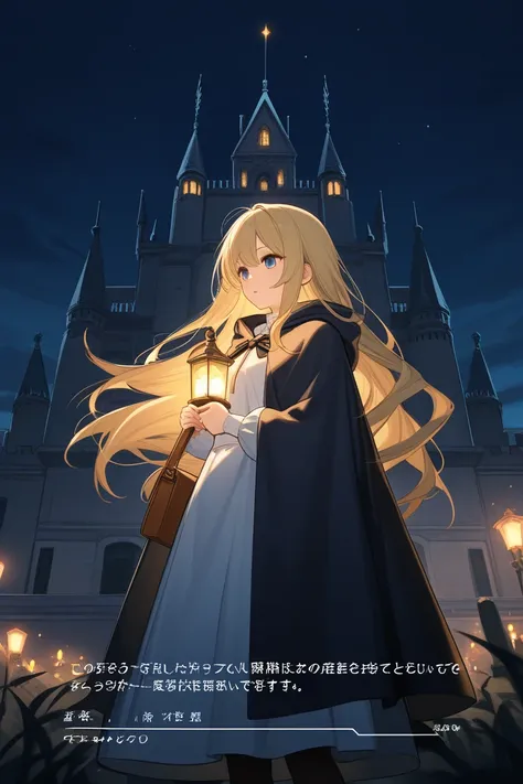 night sky, castle,  1girl, standing, solo, full body, , maribe, puffy short sleeves,  cape, bag