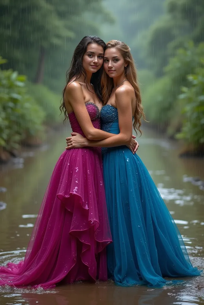 two young women arms wrapped around each other in a muddy swamp during a torrential rain storm. One is wearing soaking wet, mud splattered magenta halter top silk and satin prom dress with elegant beading design on the sweetheart strapless bodice with drap...