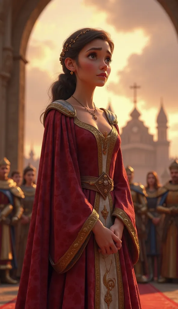 a very clear Ultra HD hyper realistic pixar image of  Princess (wearing an elegant royal robe, her face showing deep concern as she stands before the people of her kingdom) announces the reward in the grand royal court. Citizens and knights gather around, ...