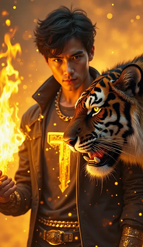 "A handsome young man of 25 years old with dark hair in the middle, wears a black jacket with gold accents and a T-shirt with a glowing 'T' logo.  in his hand , he controls blazing yellow flames,  creating dramatic effect . Beside him, a black tiger with g...