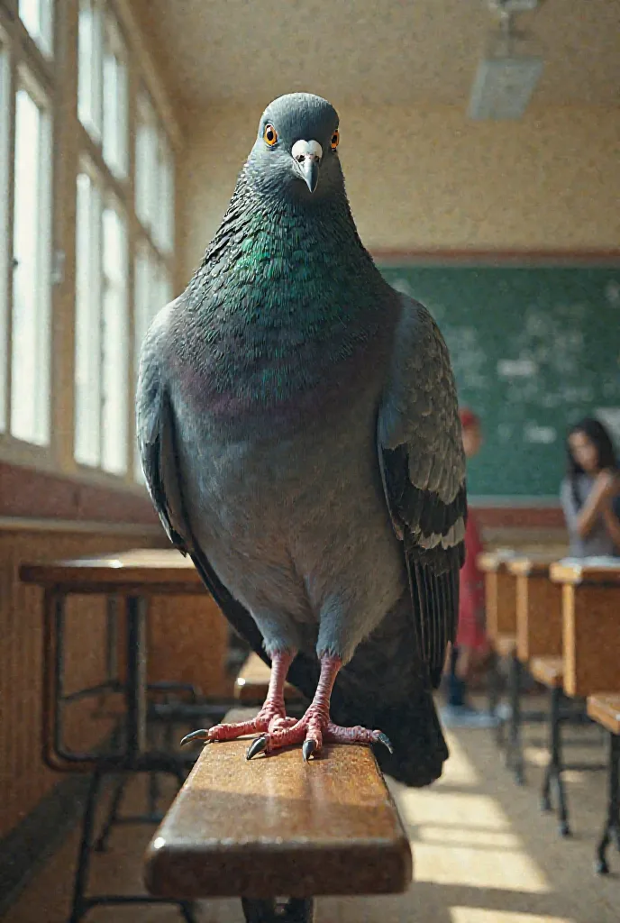 Generate me a giant pigeon sitting on a school bench at school