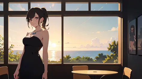 realistic,modern,In front of the station with a view of the ocean in the distance,Rural Station,summer,is a beautiful woman meeting up, thin eyebrows, rich breasts, style, light purple eyes ,Narrow eyes,high definition, black hair ponytail, Straw Hat, Whit...