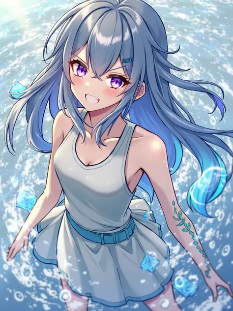 1girl, long hair, medium hair, two-tone hair, aqua hair, purple pupils, hairclip, floating water, particles, tattoos on arms, glowing tattoos, glowing pupils, smile, ,
,masterpiece,best quality,amazing quality,