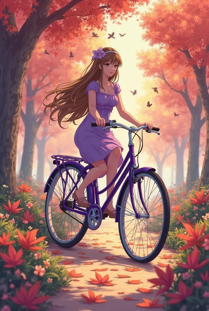 A beautiful girl in a purple knee-length dress, Long haired and wearing a ribbon is riding a bicycle that is also purple in an acacia garden, there are a lot of fallen leaves, lots of flowers and birds, butterfly, afternoon sunlight orange mixed with red a...