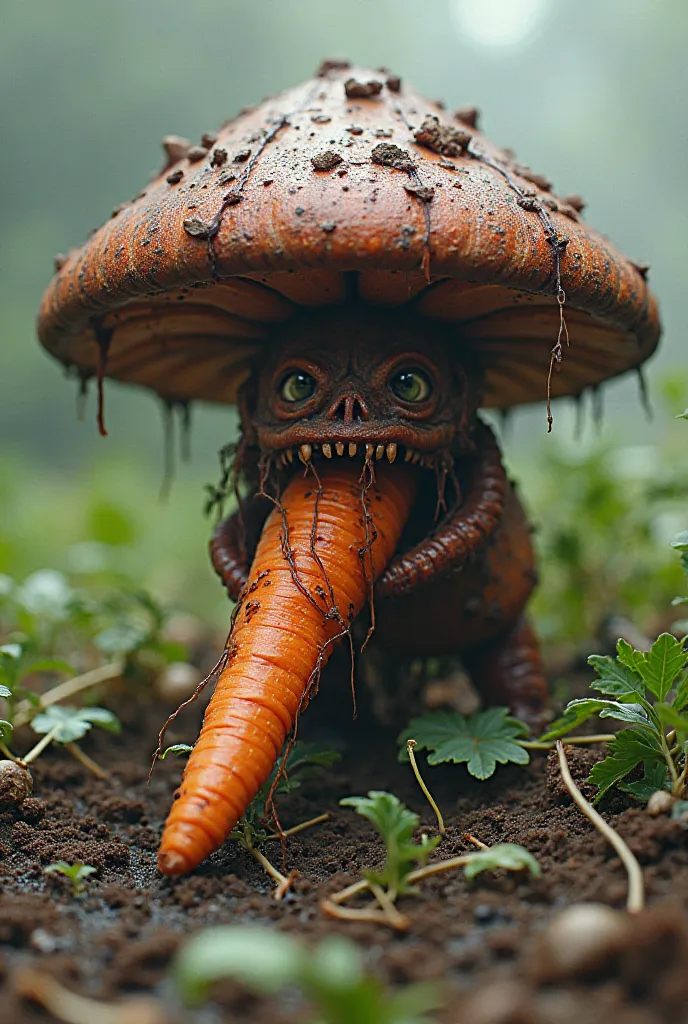 Generate an image
It shows a large, mushroom-like creature with a large orange carrot in its mouth.. The creature is covered with blood and tentacles, giving it a creepy and threatening appearance. The mushroom has a reddish brown color and is surrounded b...