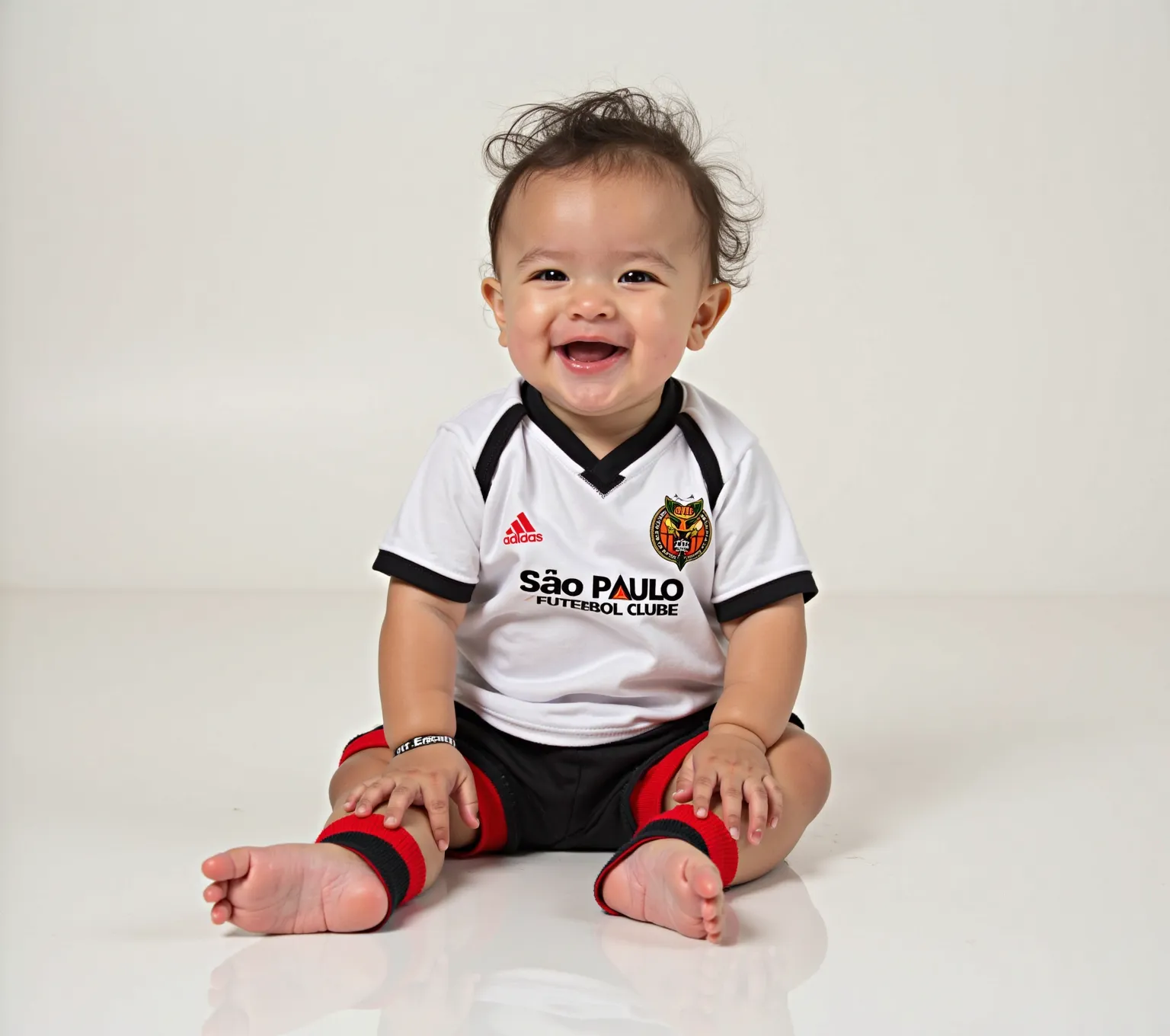 USE THE SAME PHOTO OF THE BABY AND CHANGE HIS CLOTHES FOR A PERSONALIZED OUTFIT FROM SÃO PAULO FUTEBOL CLUBE, in white, black and red .
