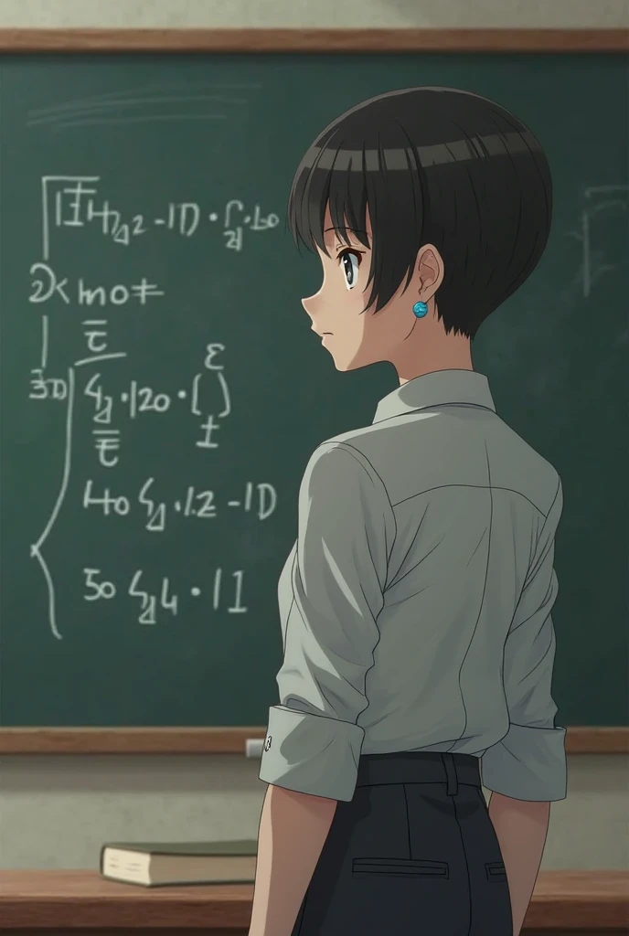 34-year-old male physics teacher tall dark haired, white skin,two light blue earrings on her right ear, 1,79 tall, sturdy and marked physique, created in an anime way in front of a blackboard in a school classroom explaining universal gravity with its form...