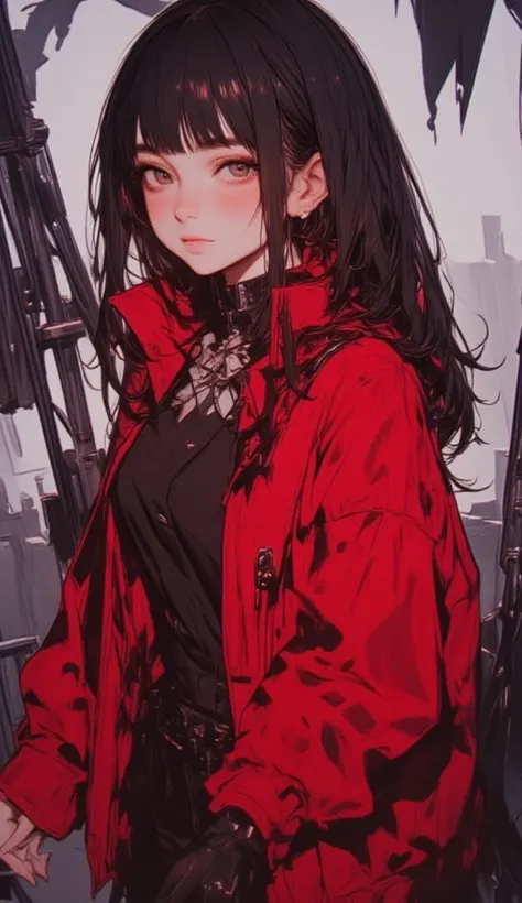 Close up of a high school girl in a red coat and black pants,  official character art , 女性main character 👀 :8, With all my heart and soul! Asuka&#39;s Suit, Anya from Spy Family,  ssss style . (2018), best Anime Characters design, Official Art, Anime Chara...