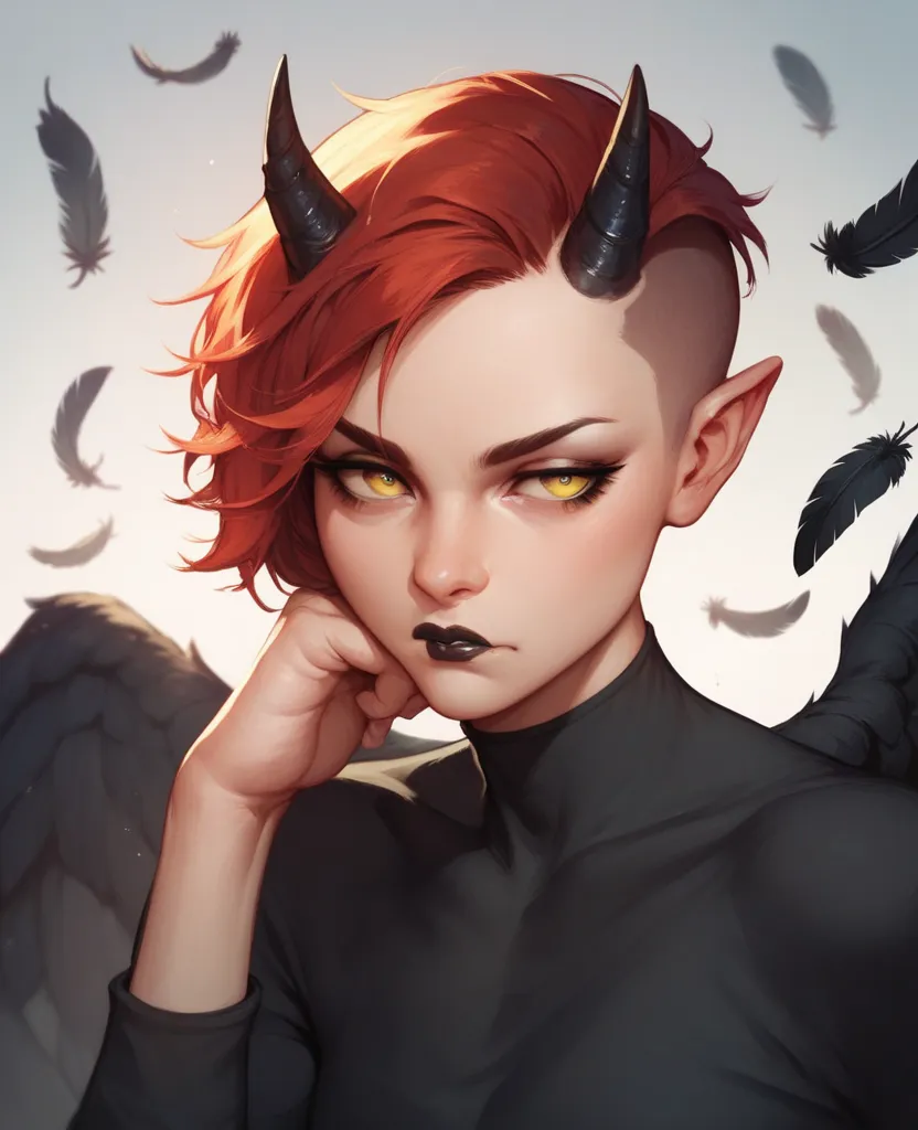 Humanoid creature, short red hair, sidecut, small black horns, yellow eyes, black lips, wearing black clothes, wings with black feathers, bored face