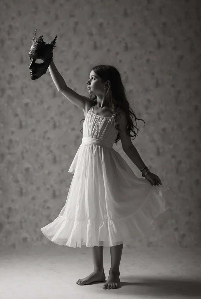 Create a black-and-white image of a girl in a white dress, throwing a black mask off her face, and her face is not clearly visible Bipolar, girl with a narcisistic mother 