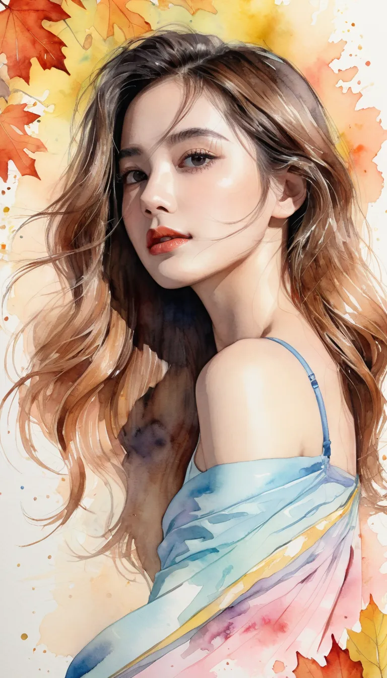 (8k, High quality lines, masterpiece:1.2),(High quality lines:1.0), (Ultra-high resolution:1.0), watercolor,  pretty woman, shoulder,  Hair tie , Agnes Cecil,  Half-body portrait , Very bright and luminous design, pastel color, (ink:1.3), autumn light,