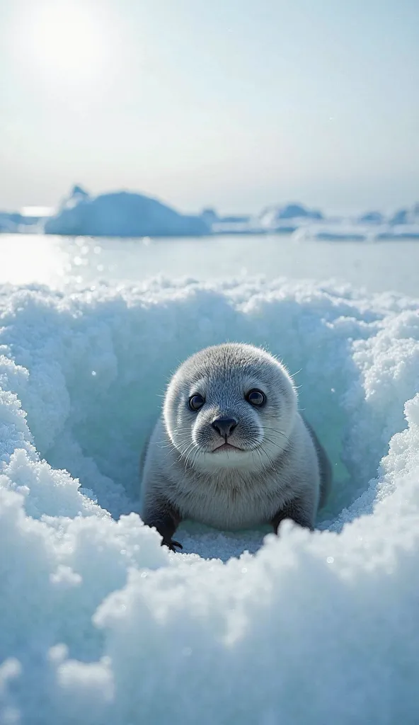 A wide shot of a frozen Arctic landscape, glistening under a pale winter sun. In the foreground, a small, fluffy seal pup is trapped in a jagged icy enclosure, its dark eyes wide with fear. Thin layers of frost cling to its fur, and its tiny flippers paw w...