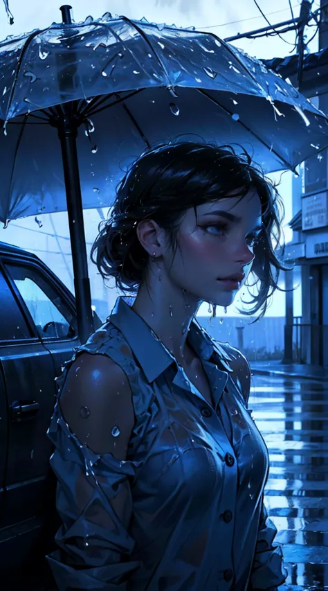 ( best quality,4k,8k,highres,masterpiece:1.2),ultra-detailed,(realistic,photorealistic,photo-realistic:1.37),rainy scene,stressed,outdoor,gloomy atmosphere,realistic droplets on the face,drenched clothes,dark colors,despair,desolation,loneliness,lost in th...