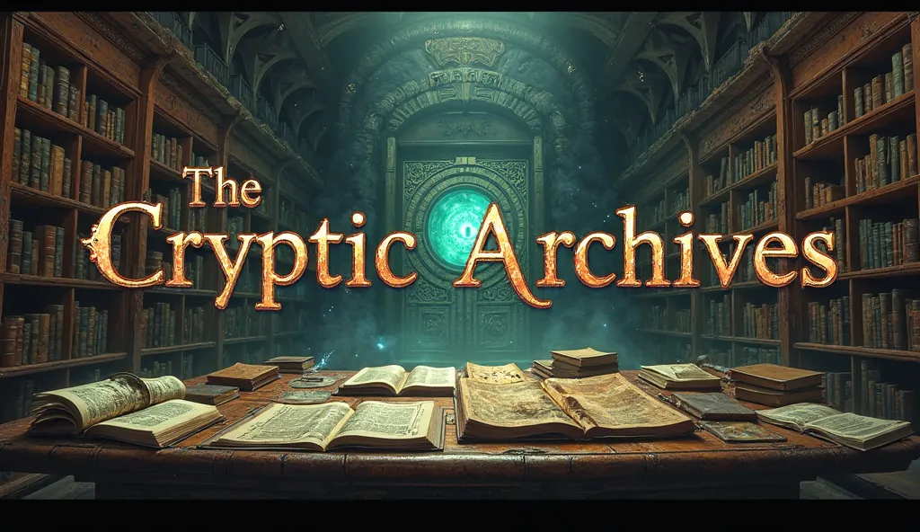 A panoramic, mysterious scene of an ancient, dimly lit archive filled with towering shelves of old, leather-bound books and strange, forgotten artifacts. In the foreground, a large, ornate wooden table is scattered with open books, maps, and glowing scroll...