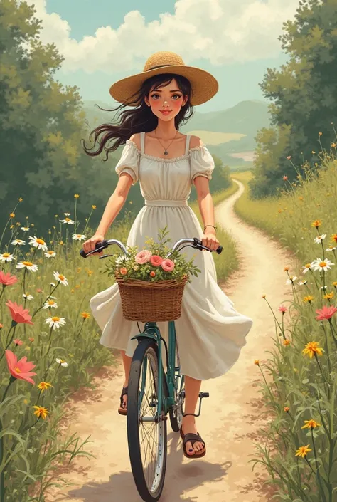 A serene and contemplative illustration of a  riding a vintage bicycle on a winding dirt path surrounded by lush greenery and vibrant wildflowers, symbolizing the journey of life. The cyclist, with a gentle smile and bright, inquisitive brown eyes, wears a...