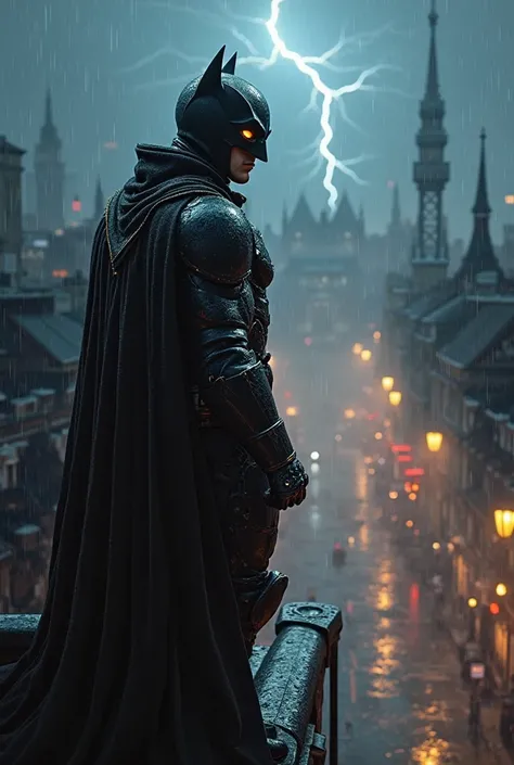 "A masked vigilante in a black armoured suit, with a long hood and glowing eyes. He stands atop a Gothic building, observing the city below, illuminated by neon lights and old poles. The rain falls lightly, reflecting on the metal surfaces of his armor. Hi...