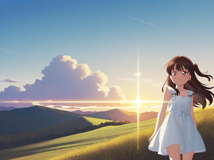 ((best quality)), ((masterpiece)), (detailed), beautiful woman laying on a grassy hillside looking at a single cloud in the sky