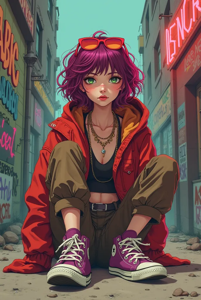 age girl,  with red purple wavy short hair, wearing a vibrant  red gold hooded jacket and brown pants.  She's flip back to the ground, wearing  high-top sneakers in a dusty pink, purple and  dynamic dark grey color scheme.  Her expression is thoughtful, wi...