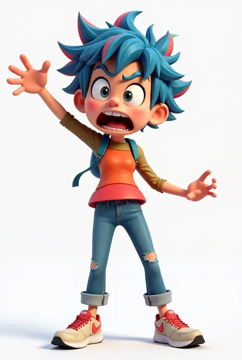 3d cartoon image of 45 year old woman, pointing in fear, short spiky blue hair with fire red streaks, wearing jeans, runners and multi coloured top, transparent background