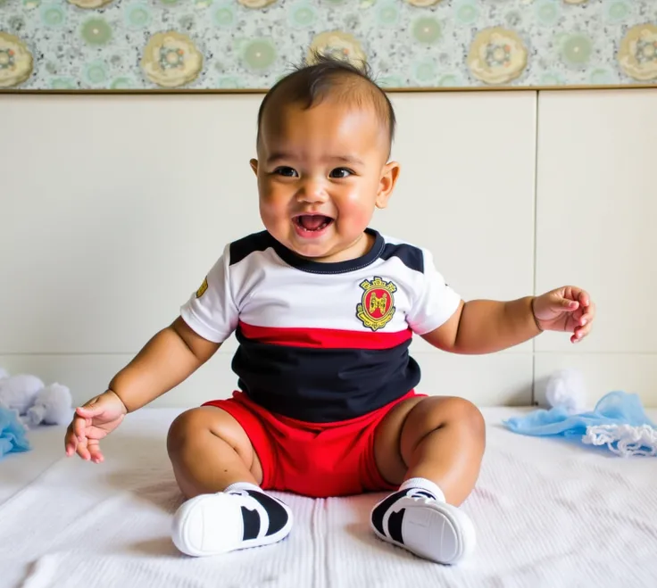 USE THE SAME PHOTO OF THE BABY AND CHANGE HIS CLOTHES FOR A PERSONALIZED OUTFIT FROM SÃO PAULO FUTEBOL CLUBE, in white, black and red .
