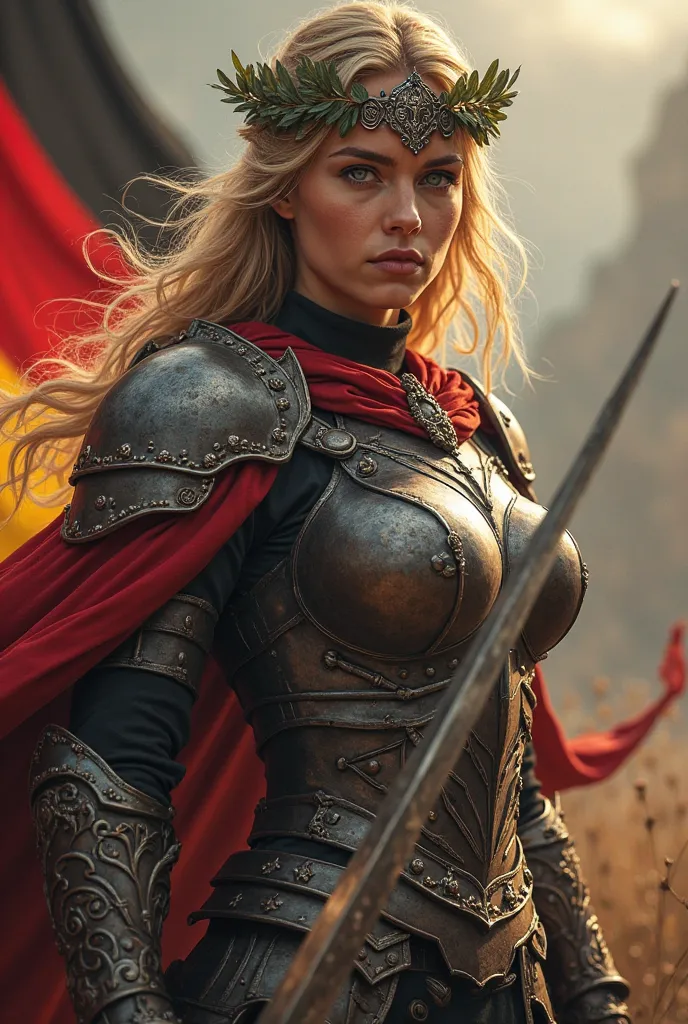 a female warrior, blonde, sword in hand, german flag as cape, crown of oak leaves, heroic, dramatic, masterpiece:1.5