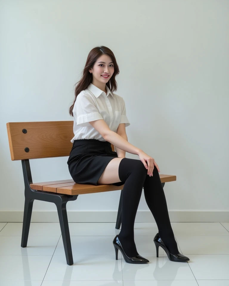 (      photorealism   :1.2)、 full body portrait 、Smelling black high   socks 。    beautiful日本人モデル、39;    thick legs、  woman  、39;    Office worker uniform      、   black high heels   、smile、Bench on the White Floor  、   open your legs a little 。 super real...