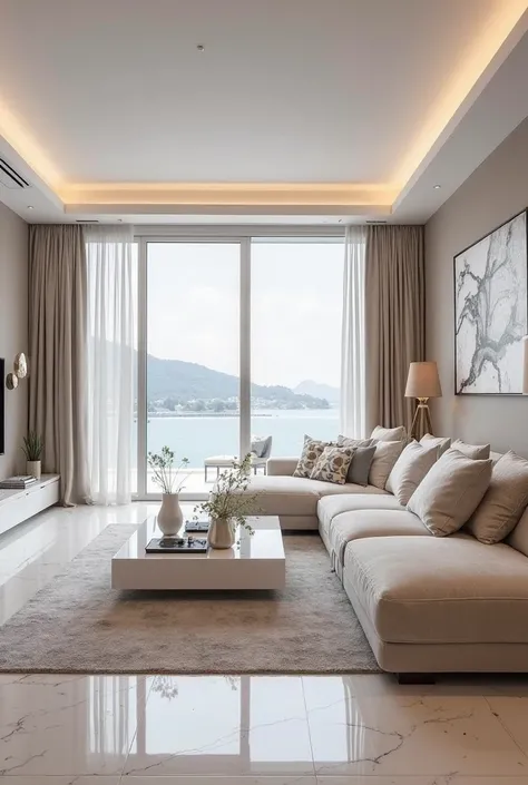 Designed in luxurious and white tones for a spacious and spacious living room with sea views in Mudanya, I also offer an interior proposal in which the television is stylishly located. modern, a living room designed with minimalist lines and creating a spa...